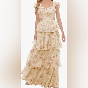 New Floral Tiered Cream/ Champagne ruffle dress